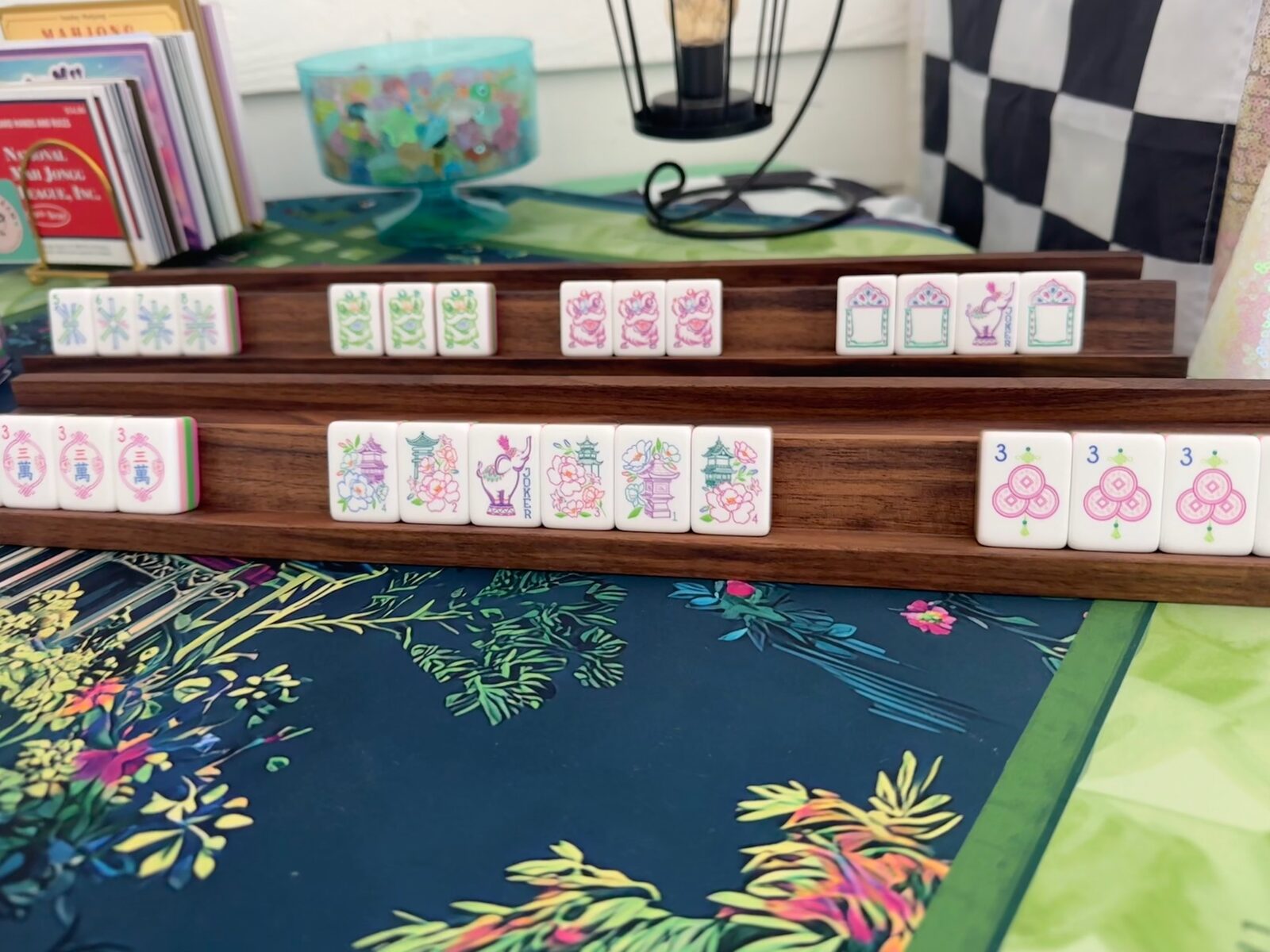 Handcrafted walnut Mahjong rack holding tiles