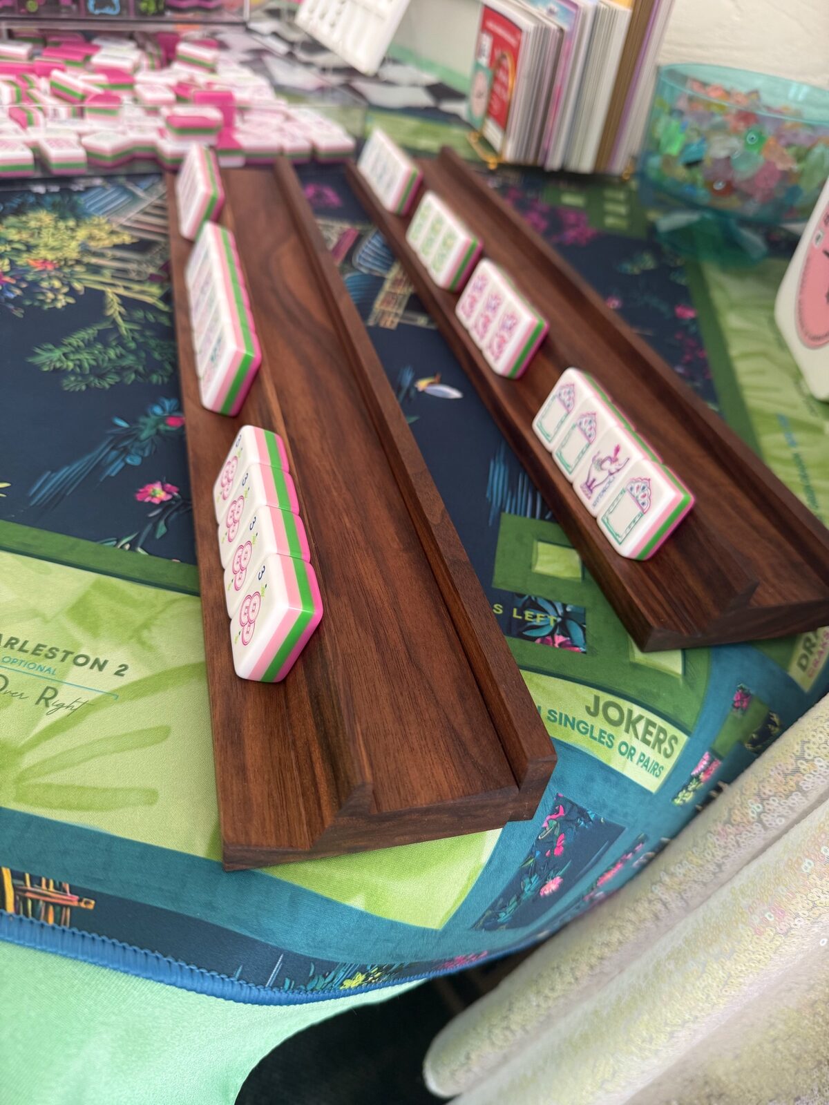 A handcrafted walnut Mahjong rack